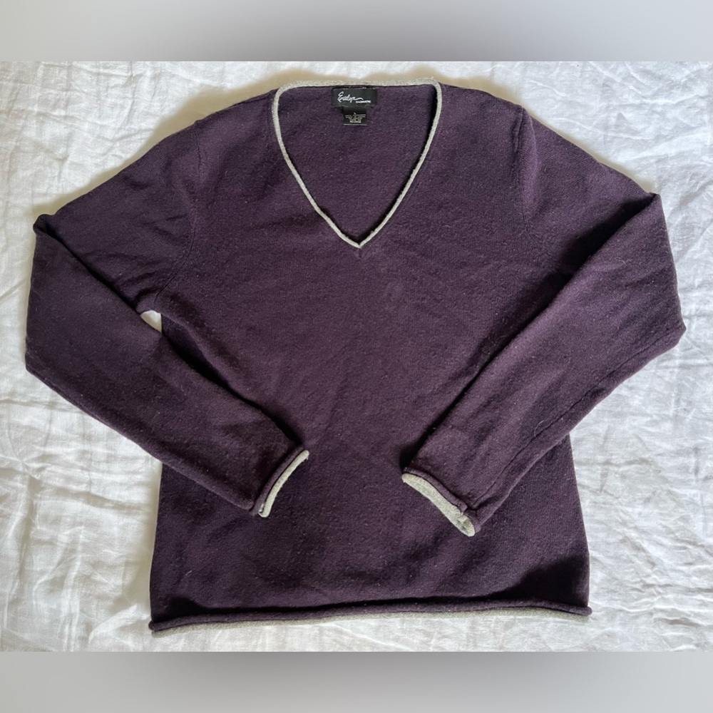 Evelyn Cashmere Pullover Sweater Purple with Gray Trim Sz L 100% Cashmere
